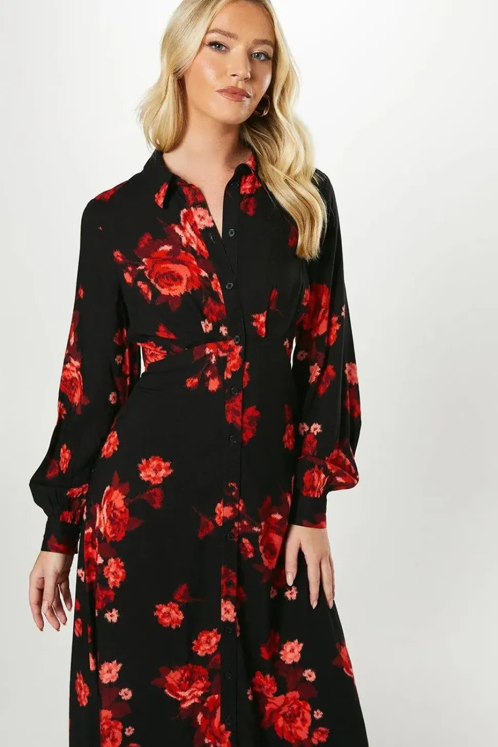 Floral Empire Half Placket Midi Shirt Dress