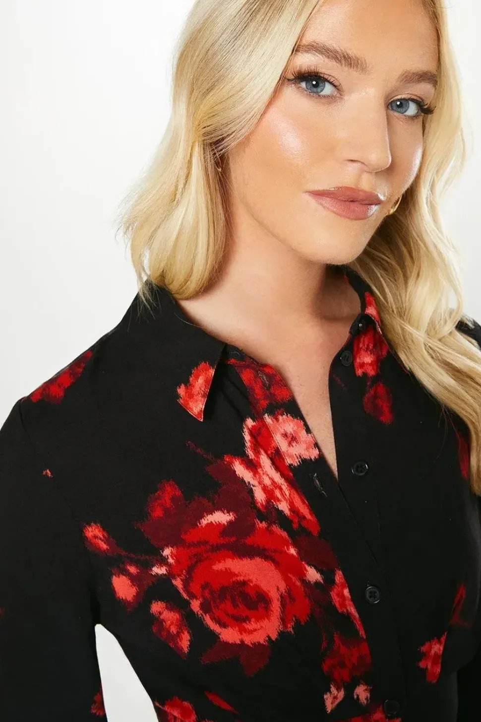 Floral Empire Half Placket Midi Shirt Dress