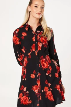 Floral Empire Half Placket Mini Shirt Dress