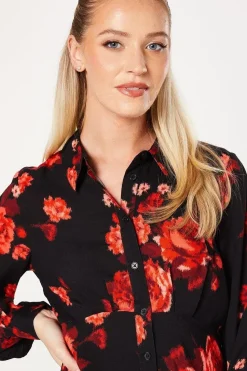 Floral Empire Half Placket Mini Shirt Dress