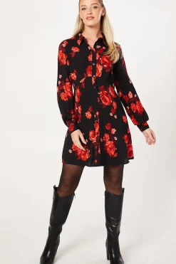 Floral Empire Half Placket Mini Shirt Dress