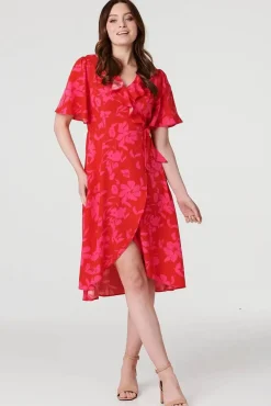 Floral 1/2 Flare Sleeve Wrap Dress