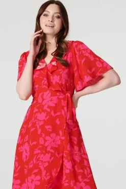 Floral 1/2 Flare Sleeve Wrap Dress