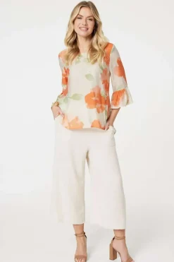 Floral Flute Sleeve High Low Blouse
