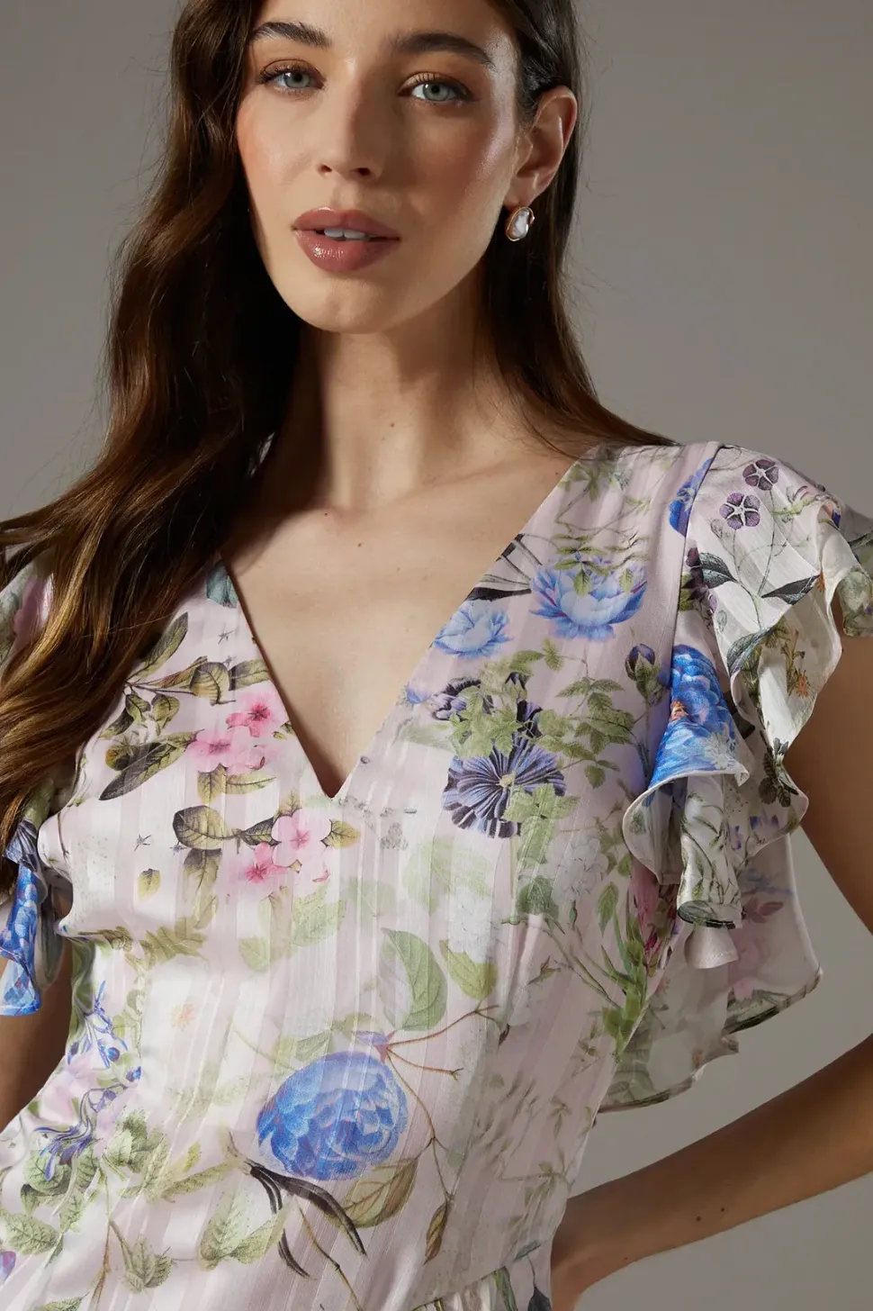 Floral Frill Detail Fitted Maxi Dress