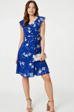 Floral Frilled Knee Length Wrap Dress