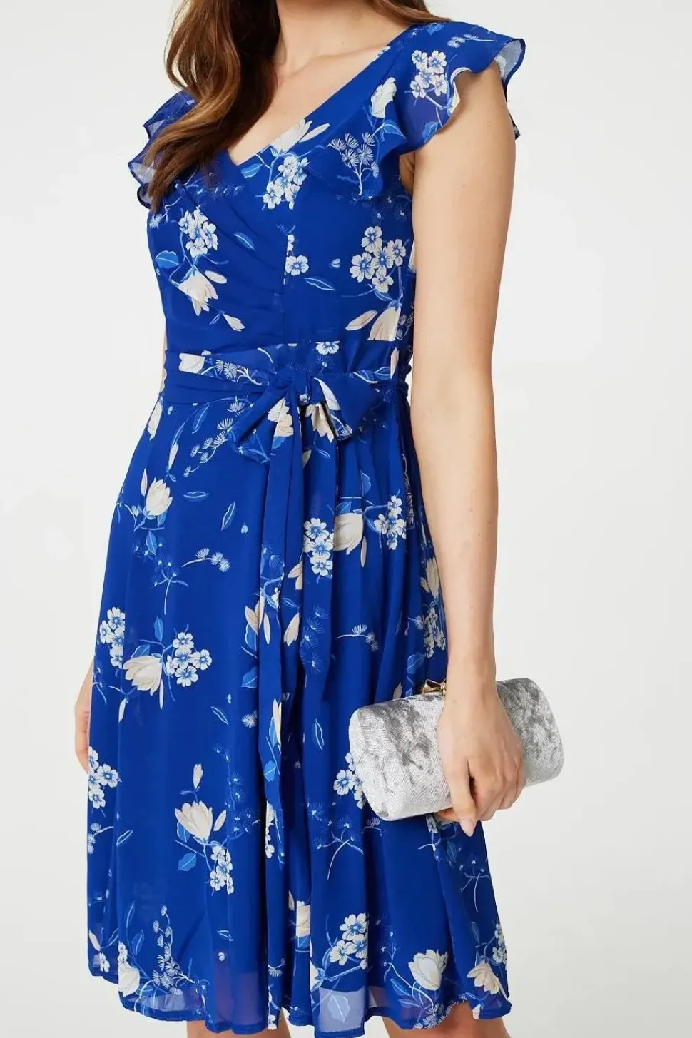 Floral Frilled Knee Length Wrap Dress