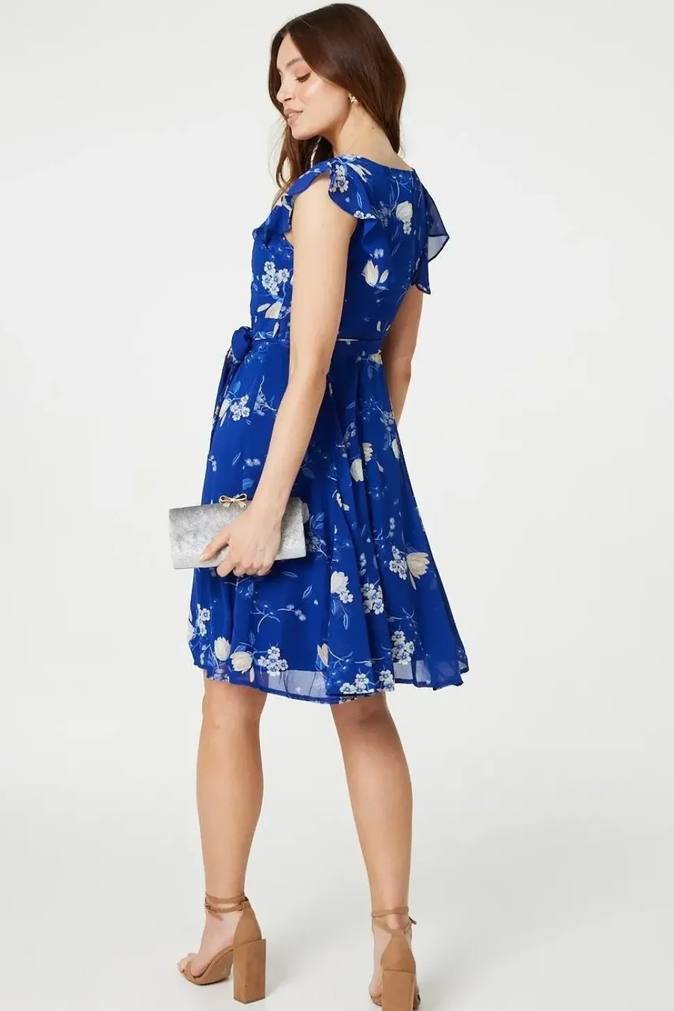 Floral Frilled Knee Length Wrap Dress