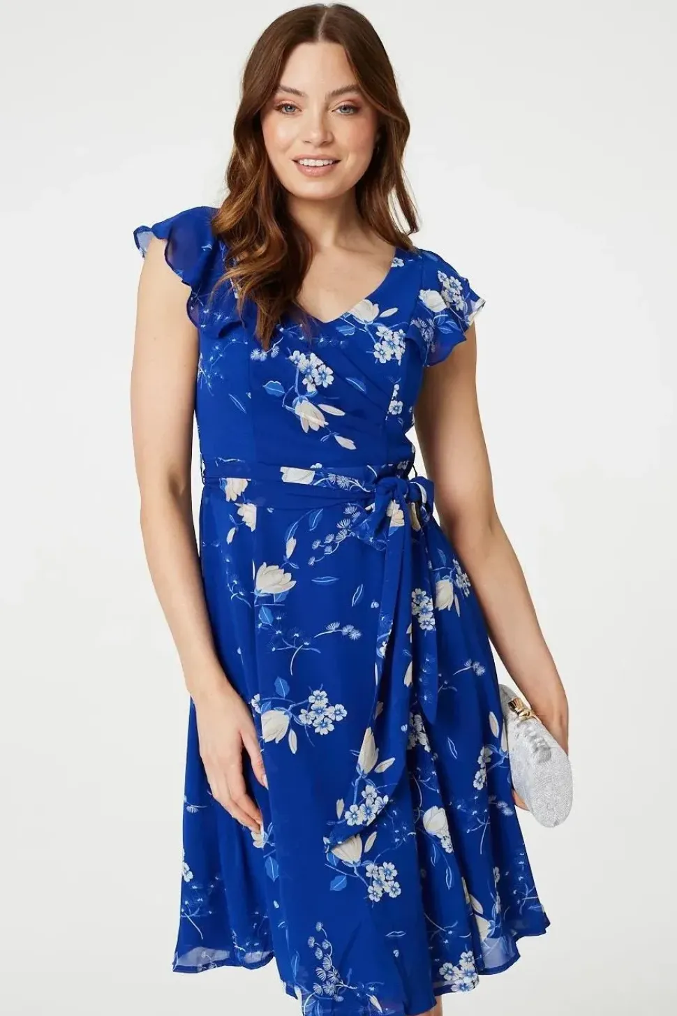 Floral Frilled Knee Length Wrap Dress