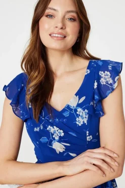 Floral Frilled Knee Length Wrap Dress