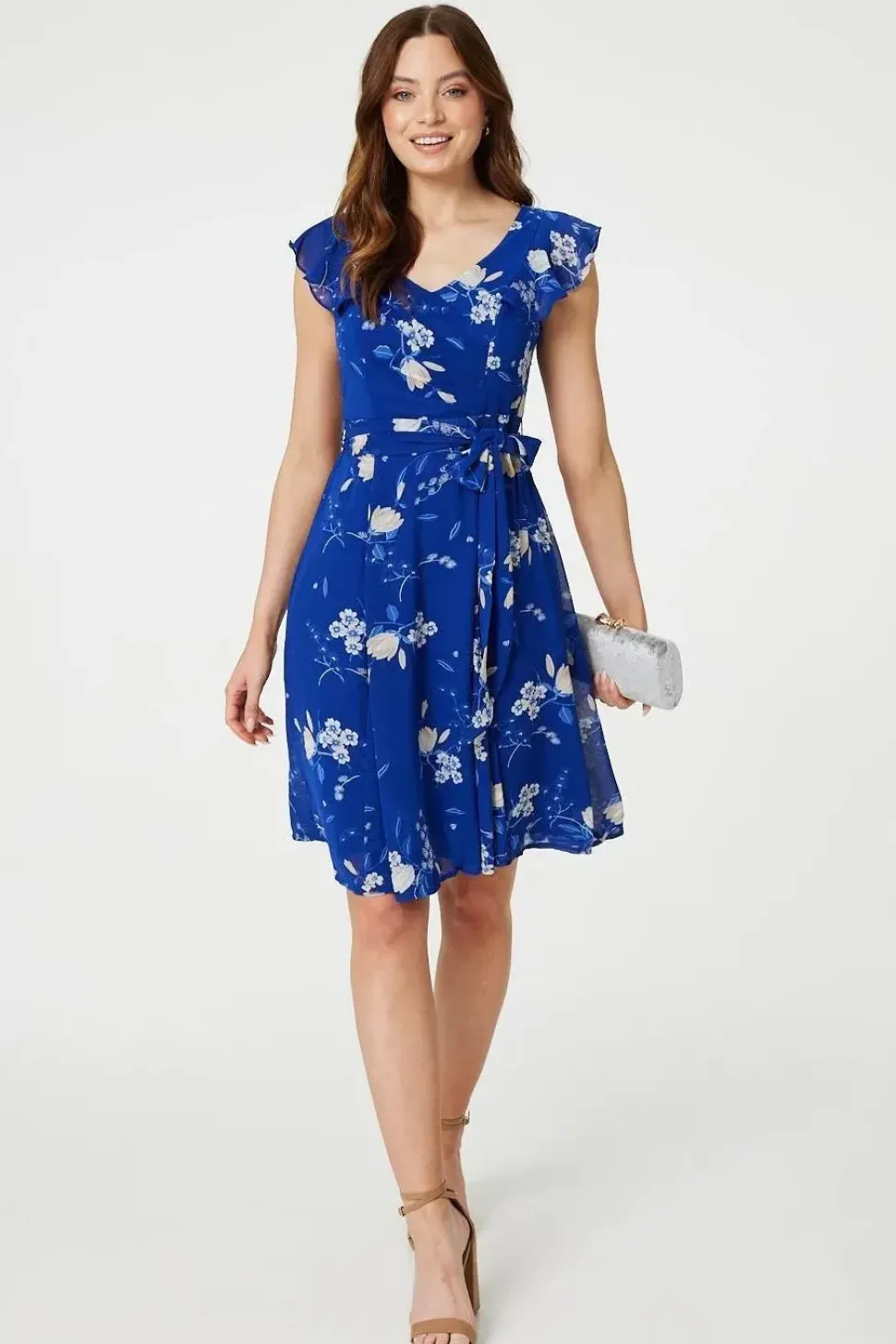 Floral Frilled Knee Length Wrap Dress