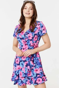 Floral Frill Faux Wrap Short Dress