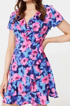 Floral Frill Faux Wrap Short Dress