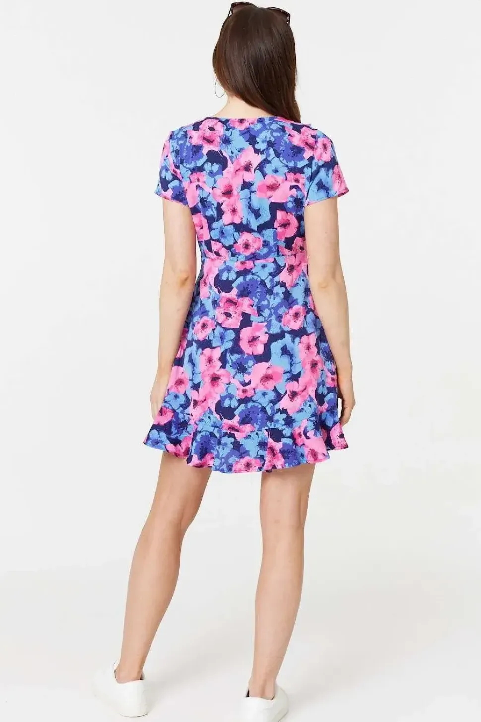 Floral Frill Faux Wrap Short Dress