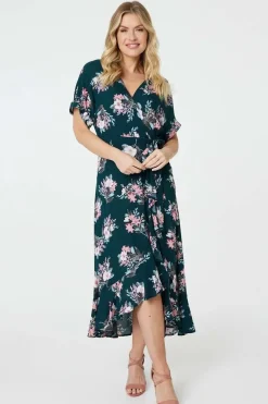 Floral Frill Hem Midi Wrap Dress