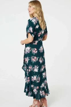 Floral Frill Hem Midi Wrap Dress