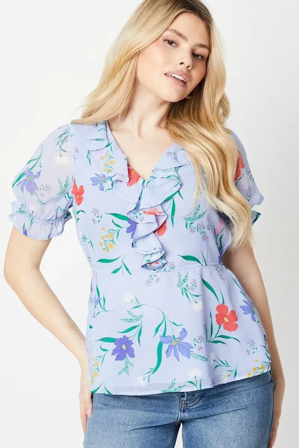 Floral Frill Neck Puff Sleeve Peplum Blouse