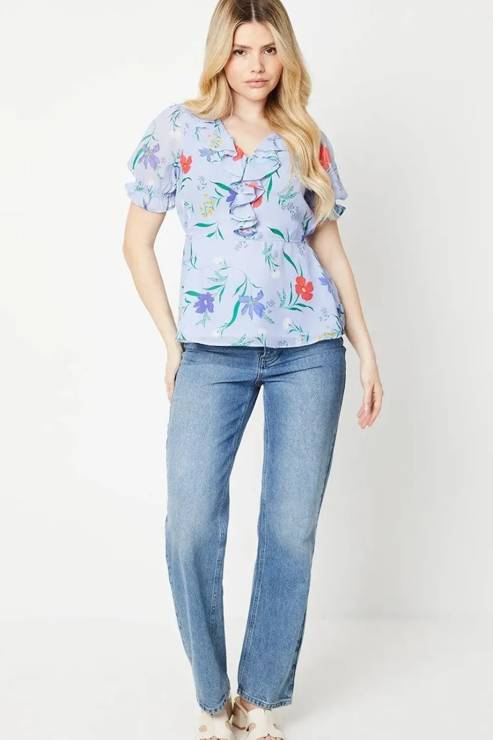 Floral Frill Neck Puff Sleeve Peplum Blouse