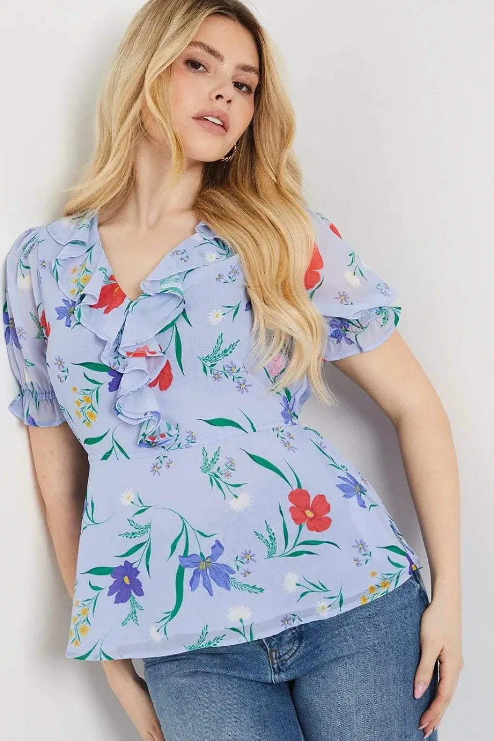 Floral Frill Neck Puff Sleeve Peplum Blouse