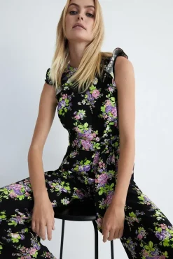 Floral Frill Sleeve Tie Waist Jumpsuit