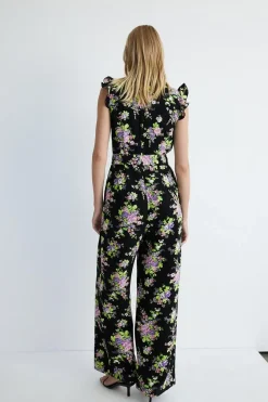 Floral Frill Sleeve Tie Waist Jumpsuit
