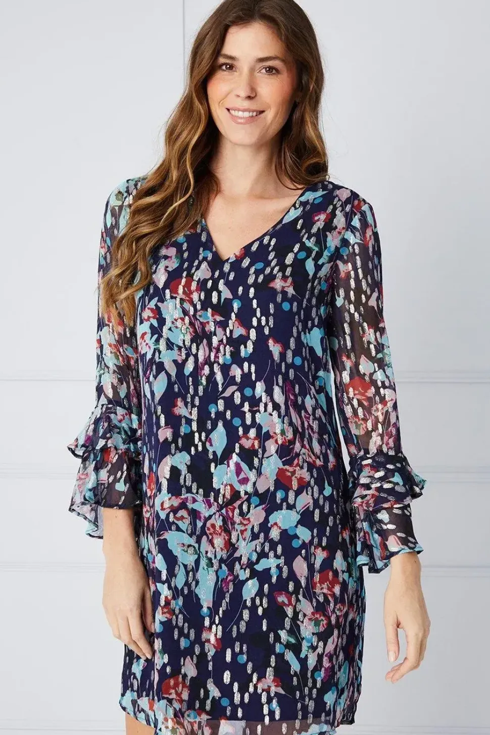 Floral Glitter Spot Ruffle Shift Dress