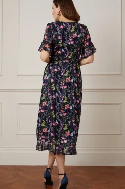 Floral Glitter Stripe Ruffle Wrap Midi Dress
