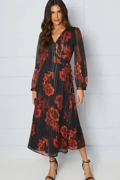 Floral Glitter Stripe Wrap Midi Dress