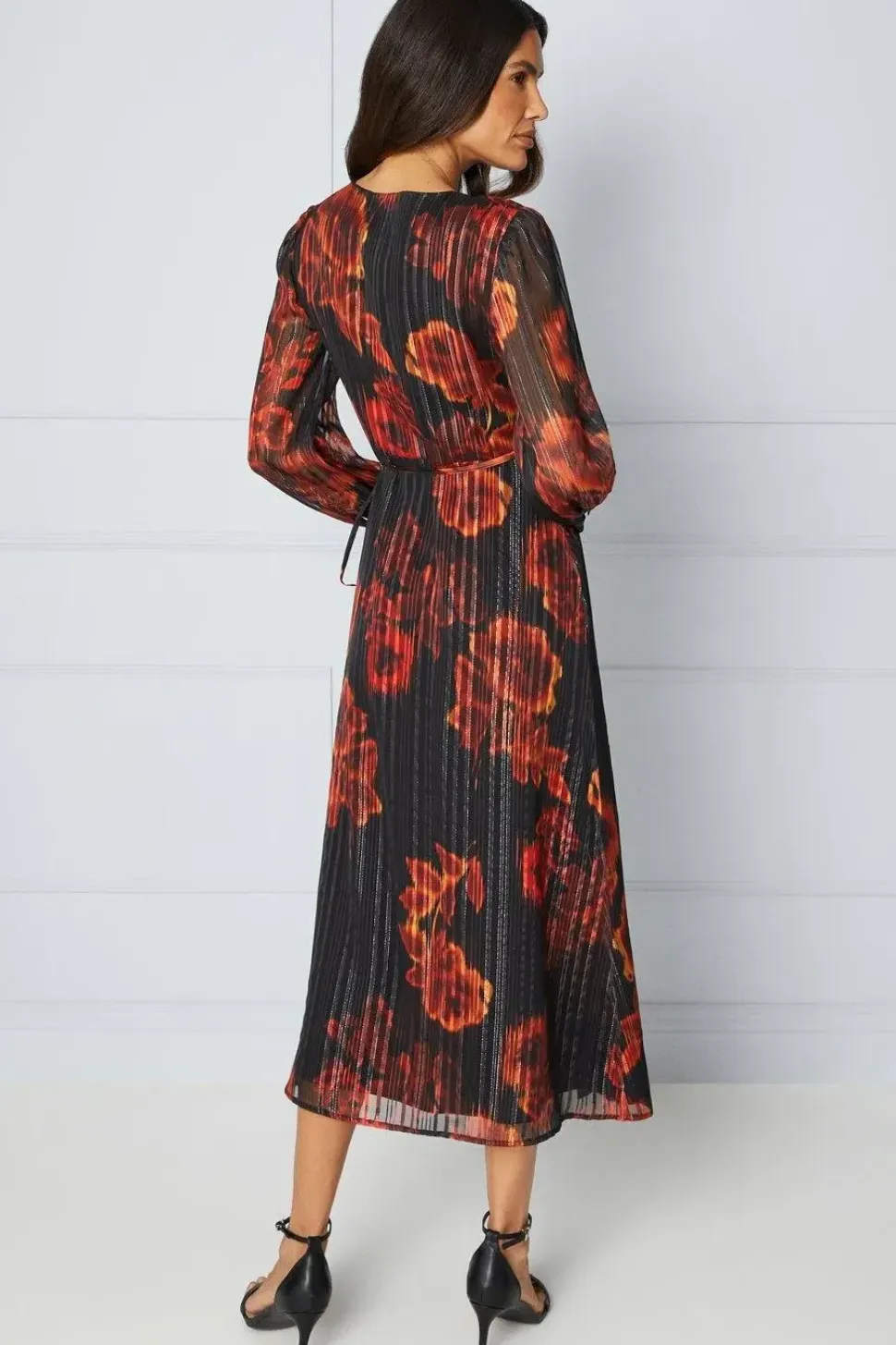 Floral Glitter Stripe Wrap Midi Dress
