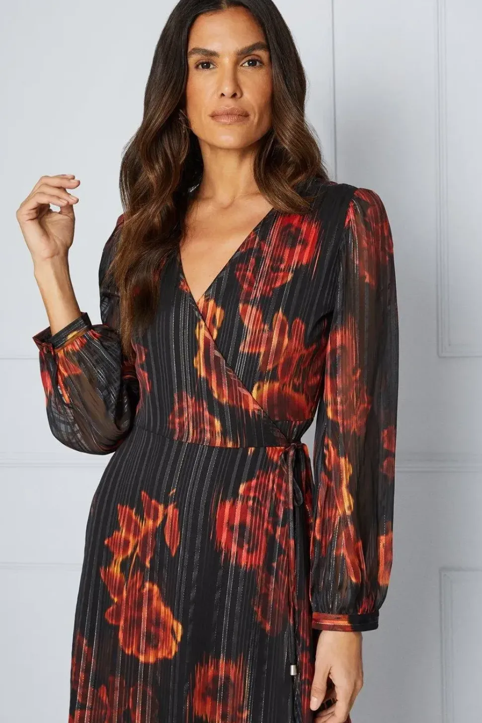 Floral Glitter Stripe Wrap Midi Dress