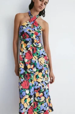 Floral Halter Neck Jersey Crepe Midi Dress