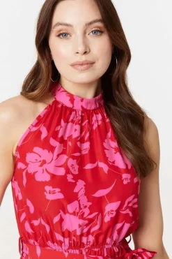 Floral Halter Neck Short Tiered Dress
