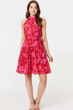 Floral Halter Neck Short Tiered Dress