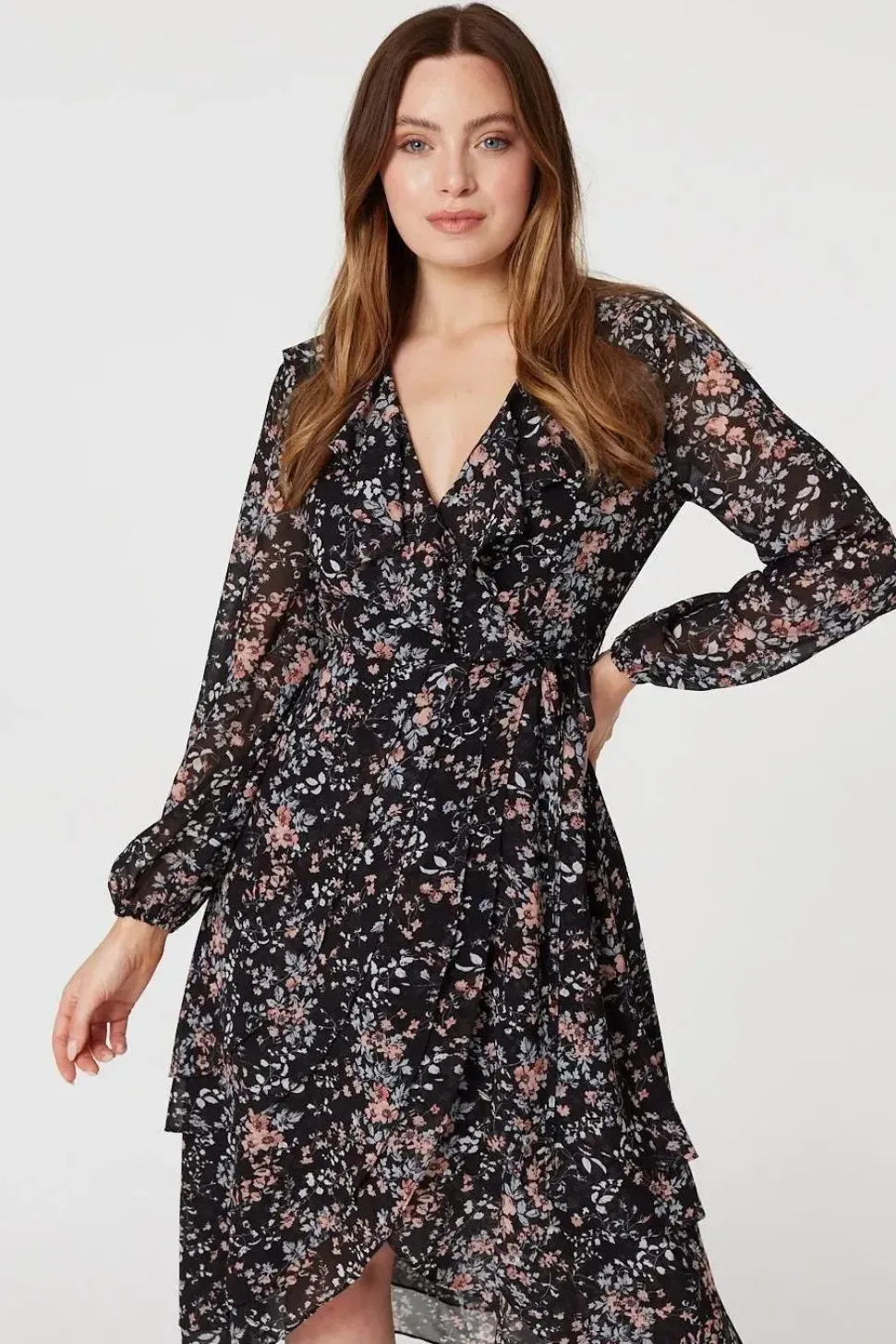 Floral High Low Wrap Midi Dress