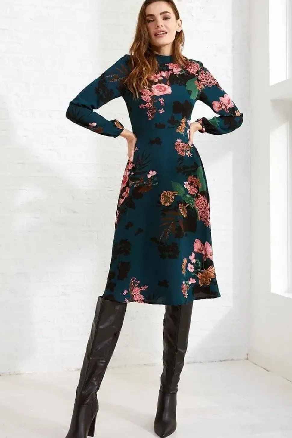Floral High Neck Midi Dress