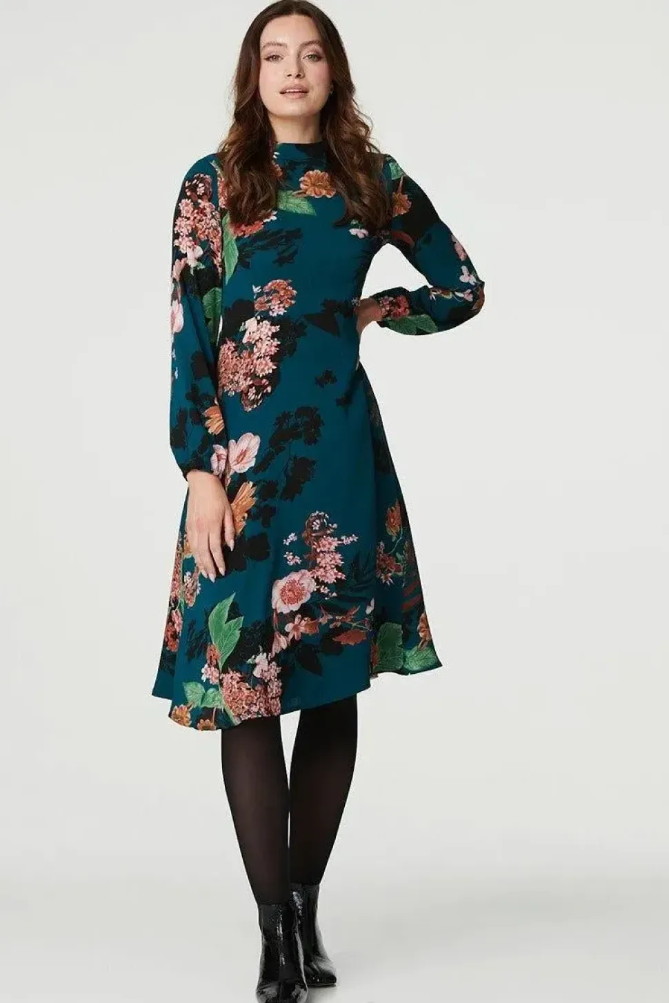 Floral High Neck Midi Dress