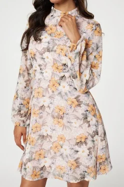 Floral High Neck Short Dress