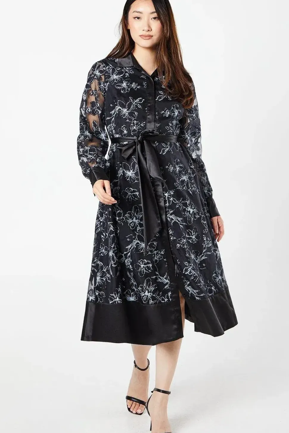 Floral Jacquard Long Sleeve Shirt Dress