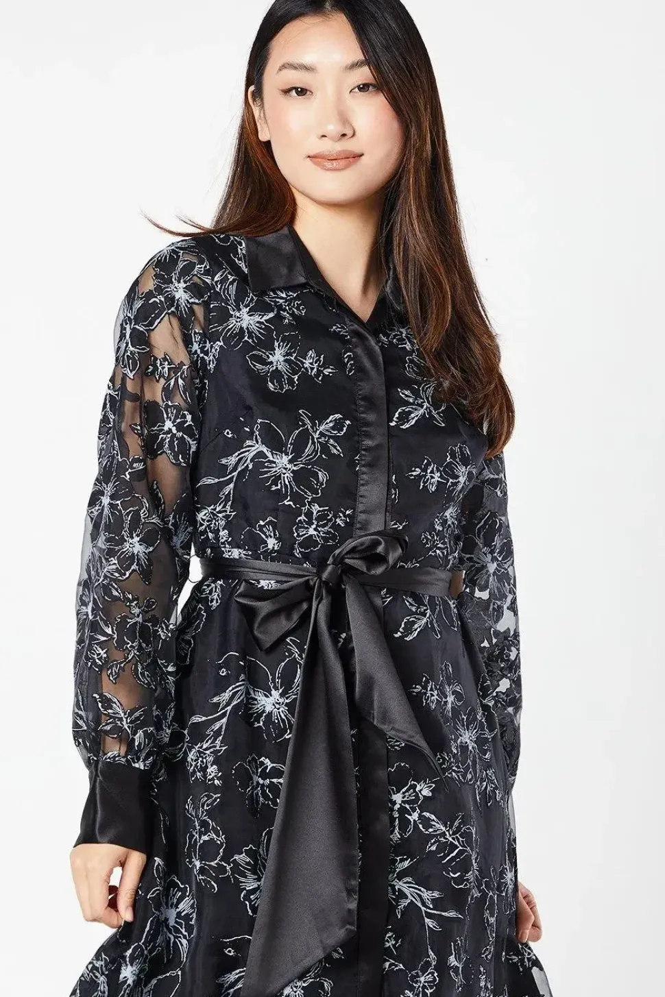 Floral Jacquard Long Sleeve Shirt Dress