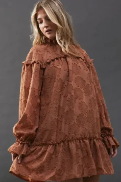 Floral Jacquard Ruffle Neck Mini Smock Dress