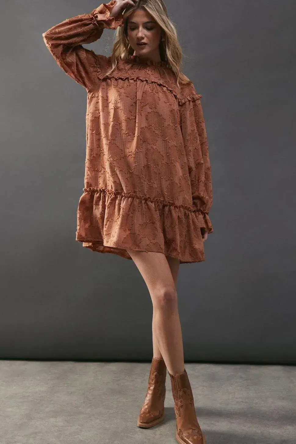 Floral Jacquard Ruffle Neck Mini Smock Dress