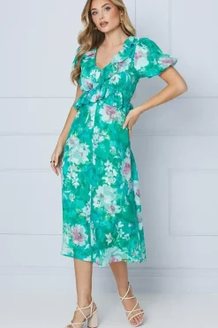 Floral Jacquard Ruffle Peplum Midi Dress