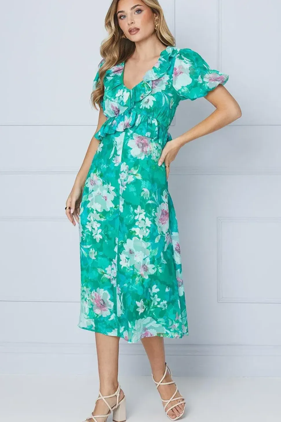 Floral Jacquard Ruffle Peplum Midi Dress