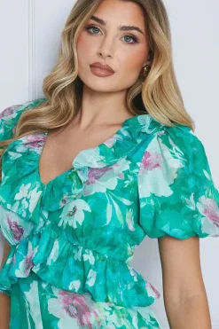 Floral Jacquard Ruffle Peplum Midi Dress