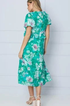 Floral Jacquard Ruffle Peplum Midi Dress