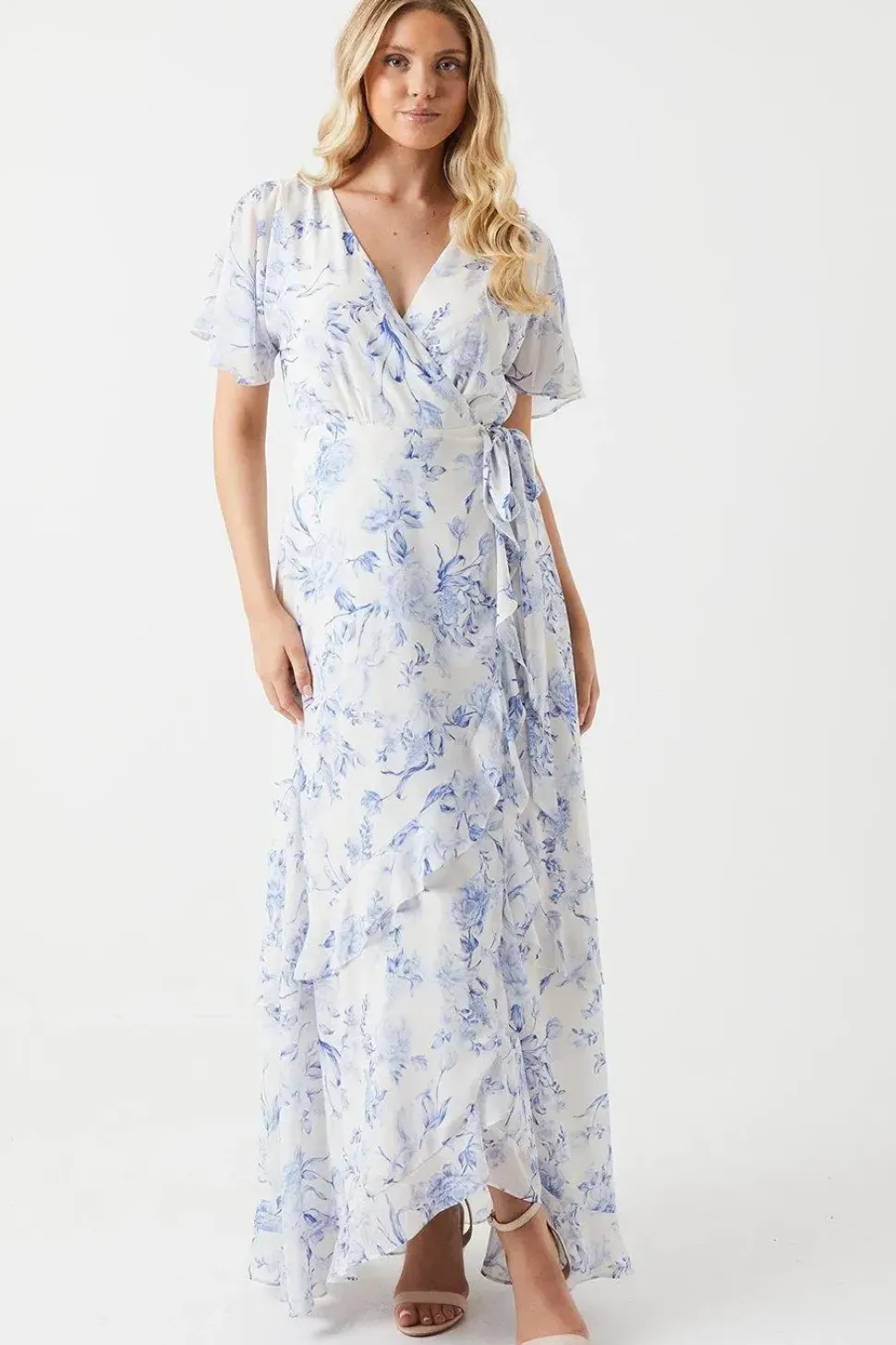 Floral Kimono Sleeve Ruffle Chiffon Maxi Bridesmaids Dress