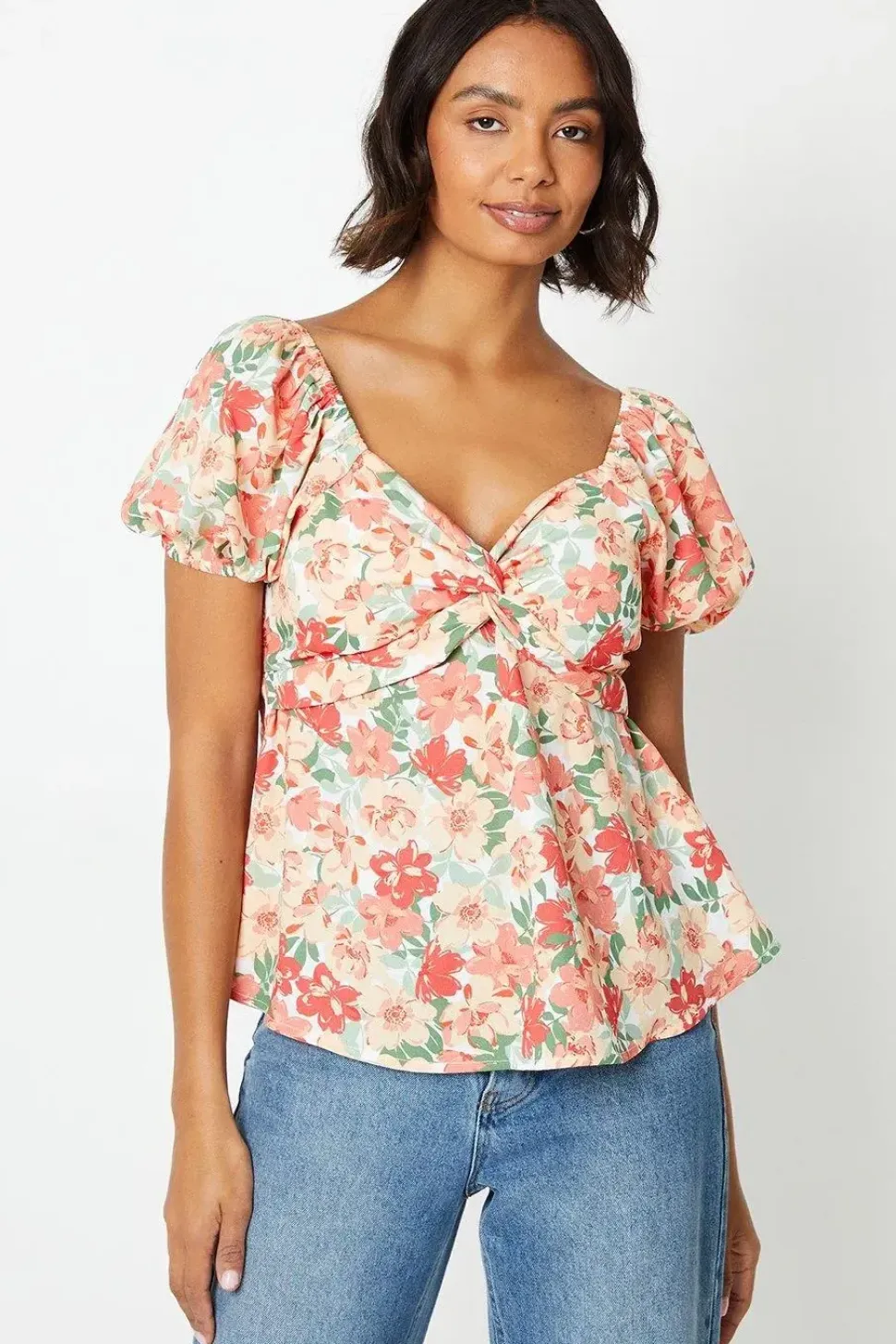 Floral Knot Front Puff Sleeve Blouse