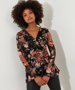 Floral Lace Overlay Fluted Sleeve Top
