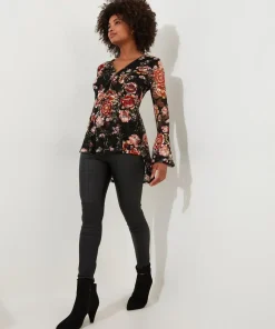 Floral Lace Overlay Fluted Sleeve Top