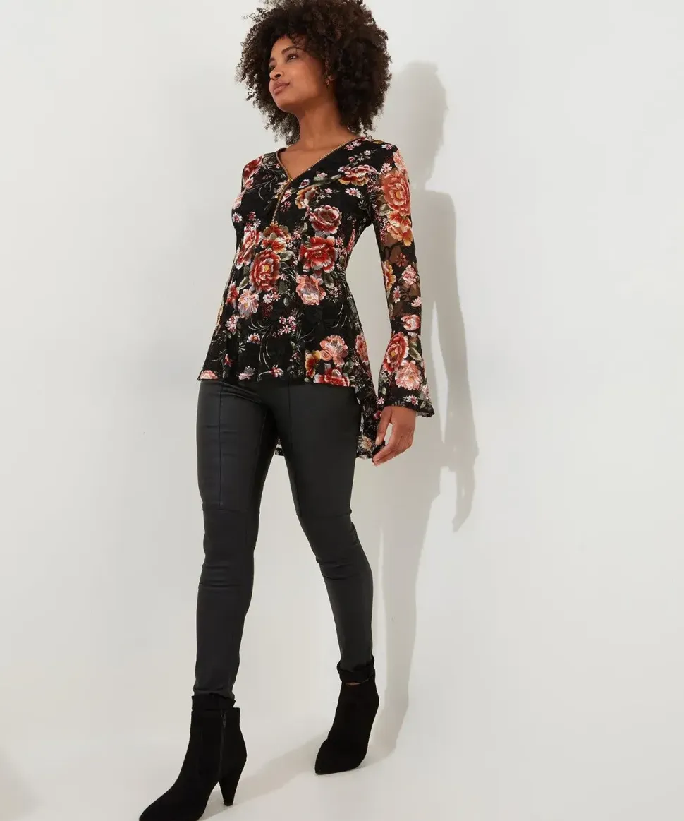 Floral Lace Overlay Fluted Sleeve Top